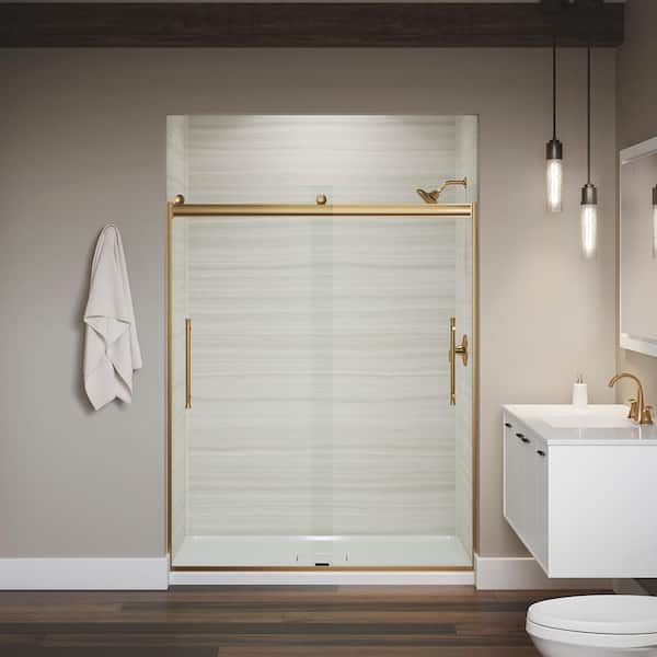KOHLER Elmbrook 55-60 in. W x 74 in. H Sliding Frameless Shower Door in Vibrant Brushed Moderne Brass with Crystal Clear Glass