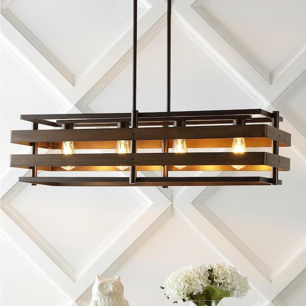 Horizon 34 in. 4-Light Wood/Oil Rubbed Bronze Rustic Farmhouse Iron Linear LED Pendant