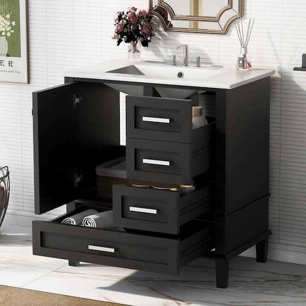 30 in. W x 18 in. D x 34 in. H Single Sink Freestanding Bath Vanity in Black with White Ceramic Top