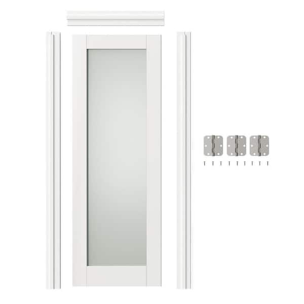 28 in. x 80 in. Full Lite, Frosted Glass, White Primed Composite Prehung Interior Door Left-Handed w/ Jamb and Hardware