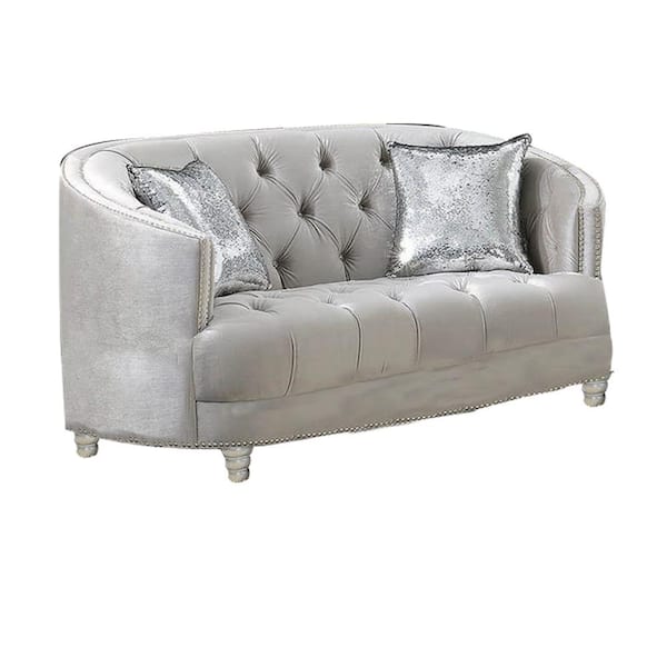 Benjara 63 in. Gray Solid Fabric 2-Seater Loveseat with Deep Button Tufted Details and Nailhead Trims