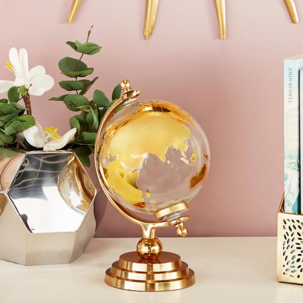 Litton Lane 13 in. Gold Aluminum Decorative Globe with Tiered Base