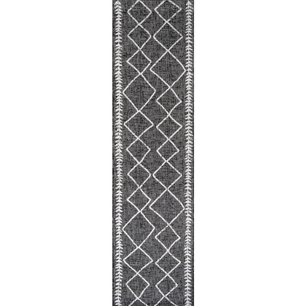 Derya Black/Ivory 2 ft. x 10 ft. Tribal Diamond Trellis Indoor/Outdoor Area Rug