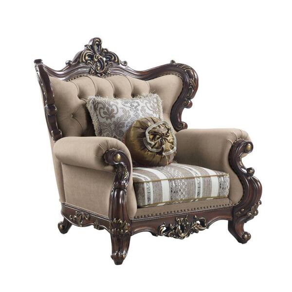 Benjara Brown and Cherry Fabric Accent Chair with Button Tufted