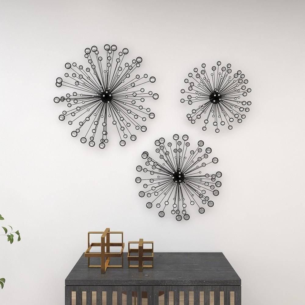 Black Metal Starburst Wall Sculpture Set with Crystal Embellishments