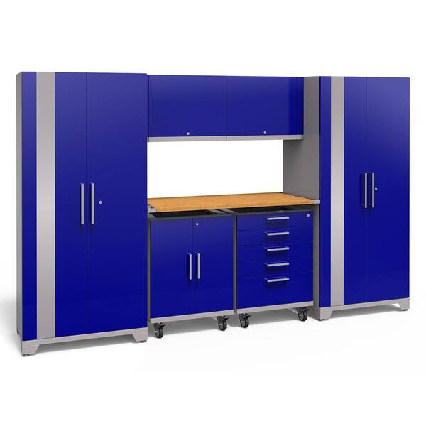 NewAge Products Performance Plus 2.0 133 in. W x 83.25 in. H x 24 in. D Steel Garage Cabinet Set in Blue (8-Piece) with Bamboo Worktop