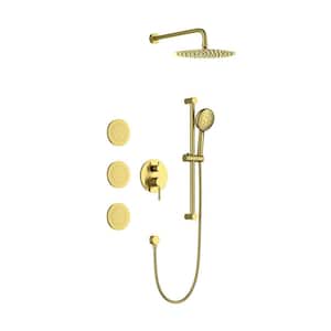 3-Spray Patterns 2.5 GPM with 12 in. Dual Shower Heads Wall Mounted Fixed and Handheld with Jet in Brushed Gold
