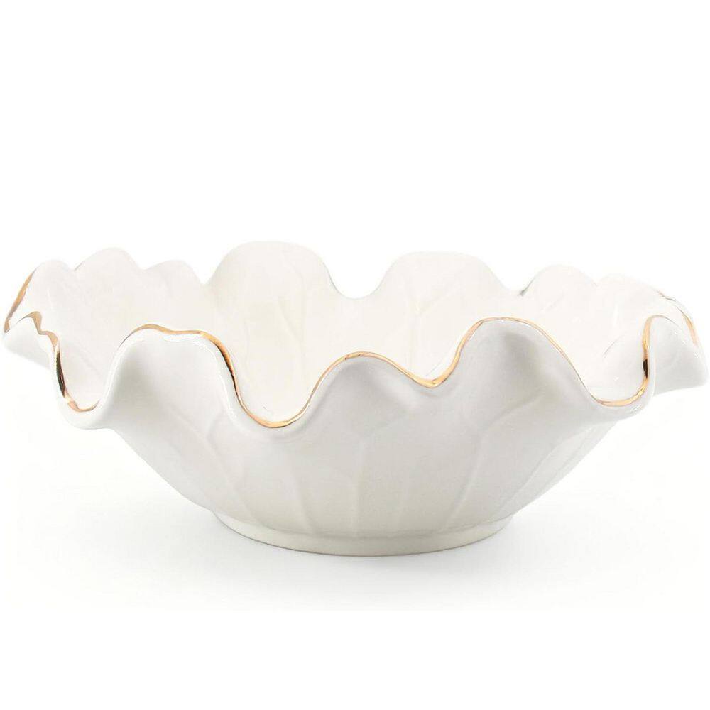 8 in. White Ceramic Ruffle Bowl with Gold Trim, Modern Lotus Decorative ...