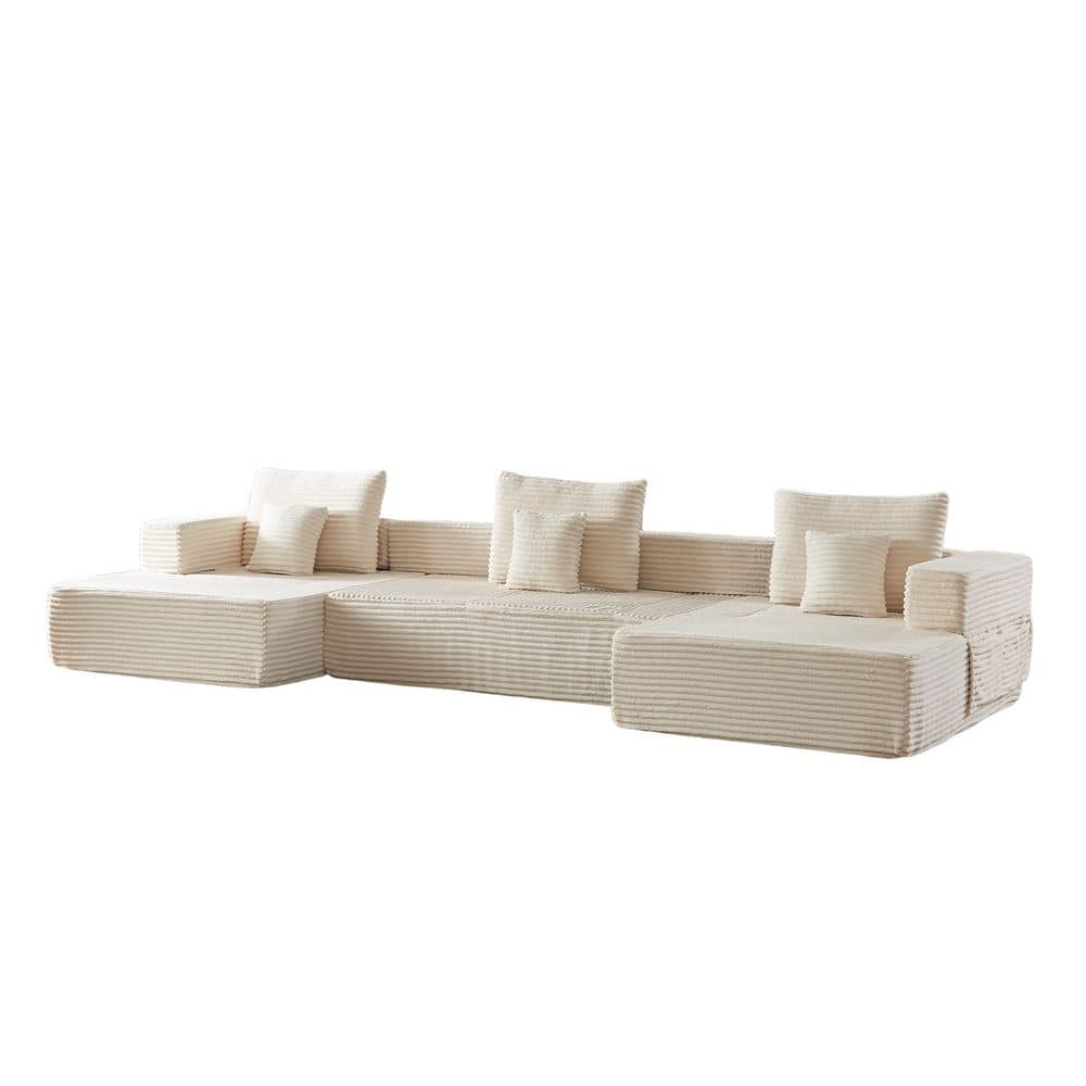 137 in. Removable Armrests Corduroy U-Shaped Modular Sectional Sofa in Beige with Side Pockets and Pillows