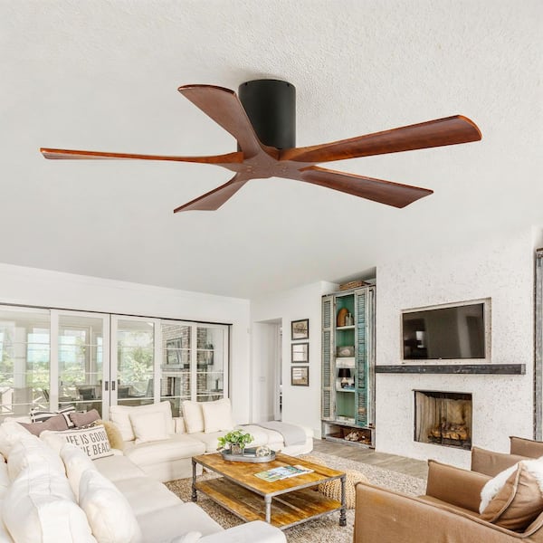 52 in. Indoor Matte Black 5 Solid Walnut Wood Fan Blades Flush Mount Ceiling Fan For Living Room or Bedrooms