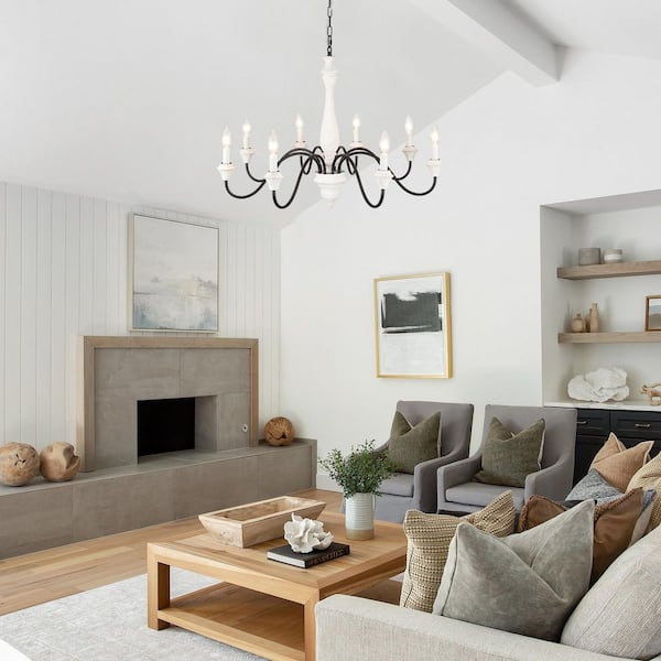 8-Light Matte Black/Vintage White Farmhouse Candle Style Chandelier for Dinning Room Foyer with No Bulbs Included
