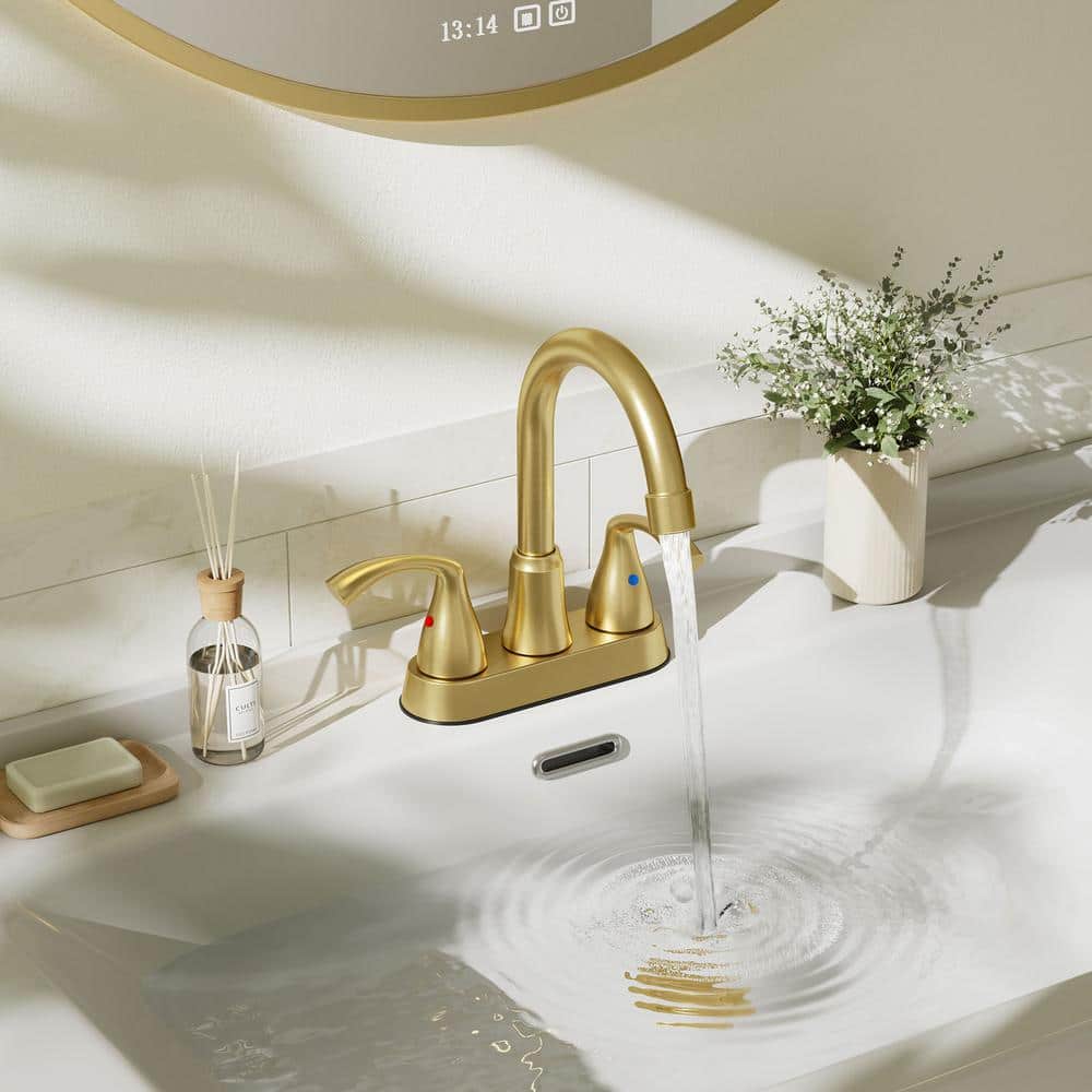 Brushed Gold Double Handle High Arc Bathroom Faucet with Drain Kit