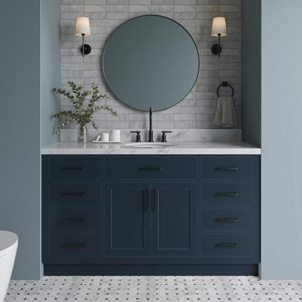 Hepburn 60 in. Single Sink Freestanding Bathroom Vanity in Midnight Blue with Carrara White Marble Top price history on PriceWatchPro