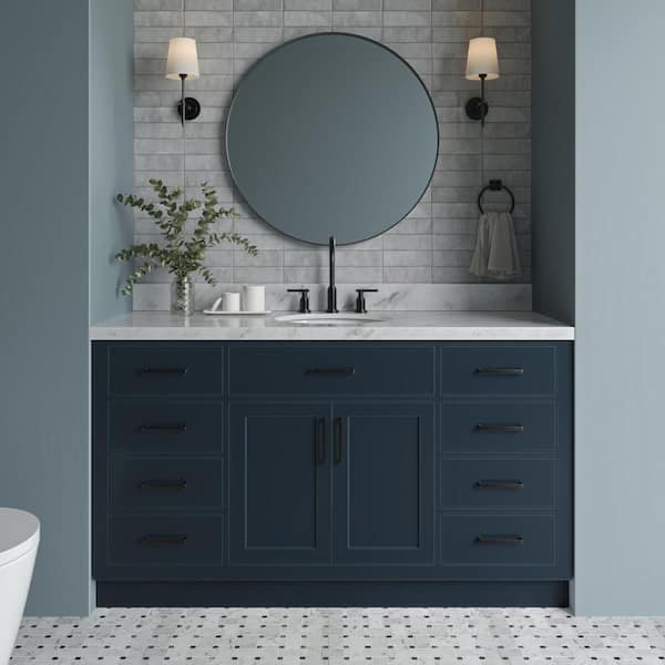 ARIEL Hepburn 61 in. W x 22 in. D x 36 in. H Bath Vanity in Midnight Blue with Carrara Marble Vanity Top with White Basin