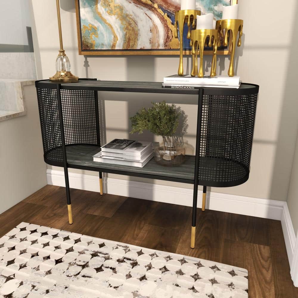 Elegant Black Metal Console Table with Storage Shelf