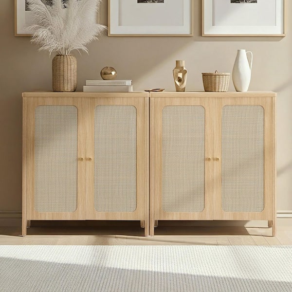 Reeve Boho Oak Wood Rattan Sideboard Buffet with Adjustable Shelves, Soft-Close Hinges, Dual Cord Management Set of 2