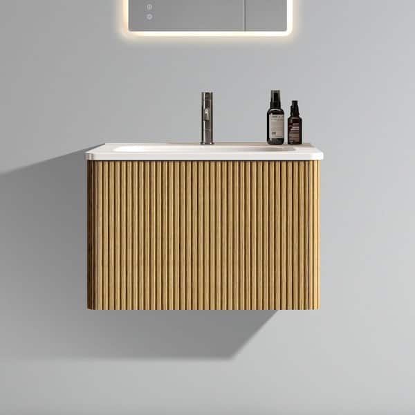 24 in. Single Sink Floating Oak Bath Vanity with White Ceramic Top (Assembled), Curved Edges