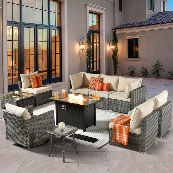 weaxty W Daffodil C Gray 10-Piece Wicker Patio Fire Pit Conversation Sofa Set with Swivel Rocking Chairs and Beige Cushions