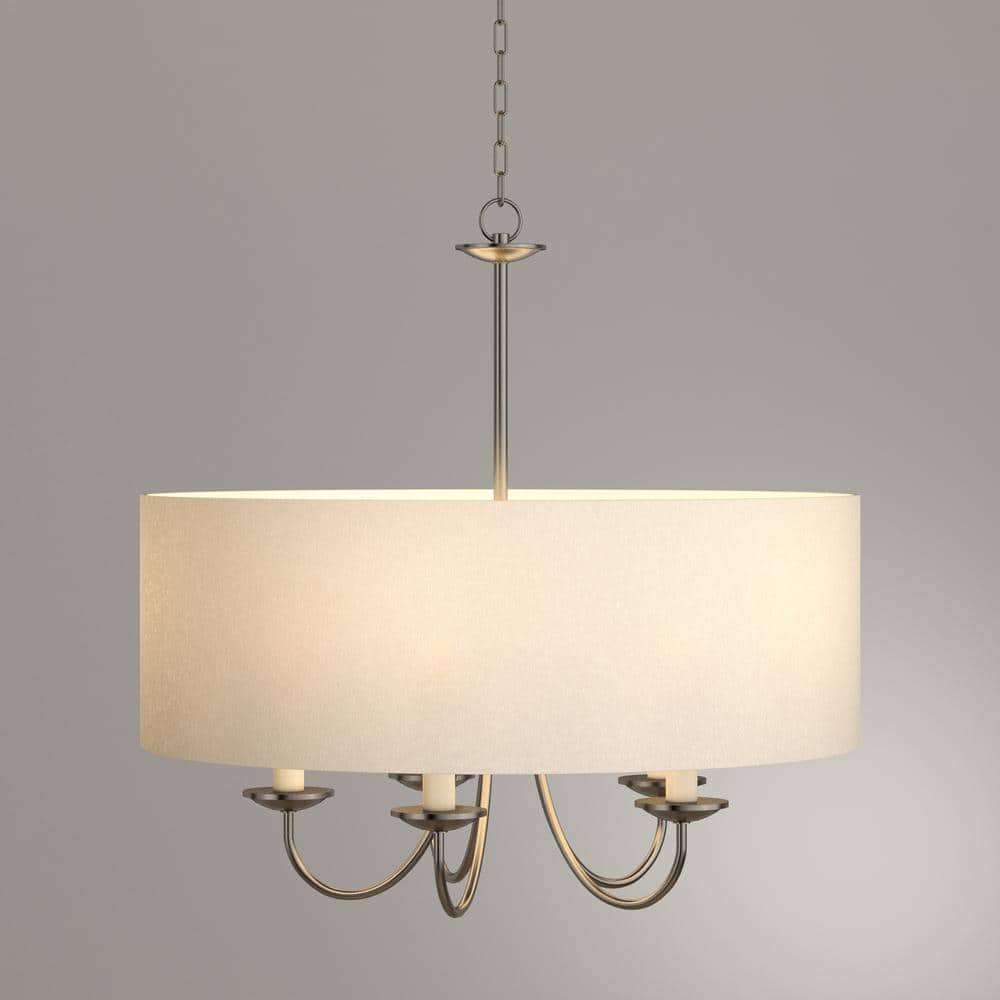 Brushed Nickel Drum Shade 5-Light Pendant with White Linen