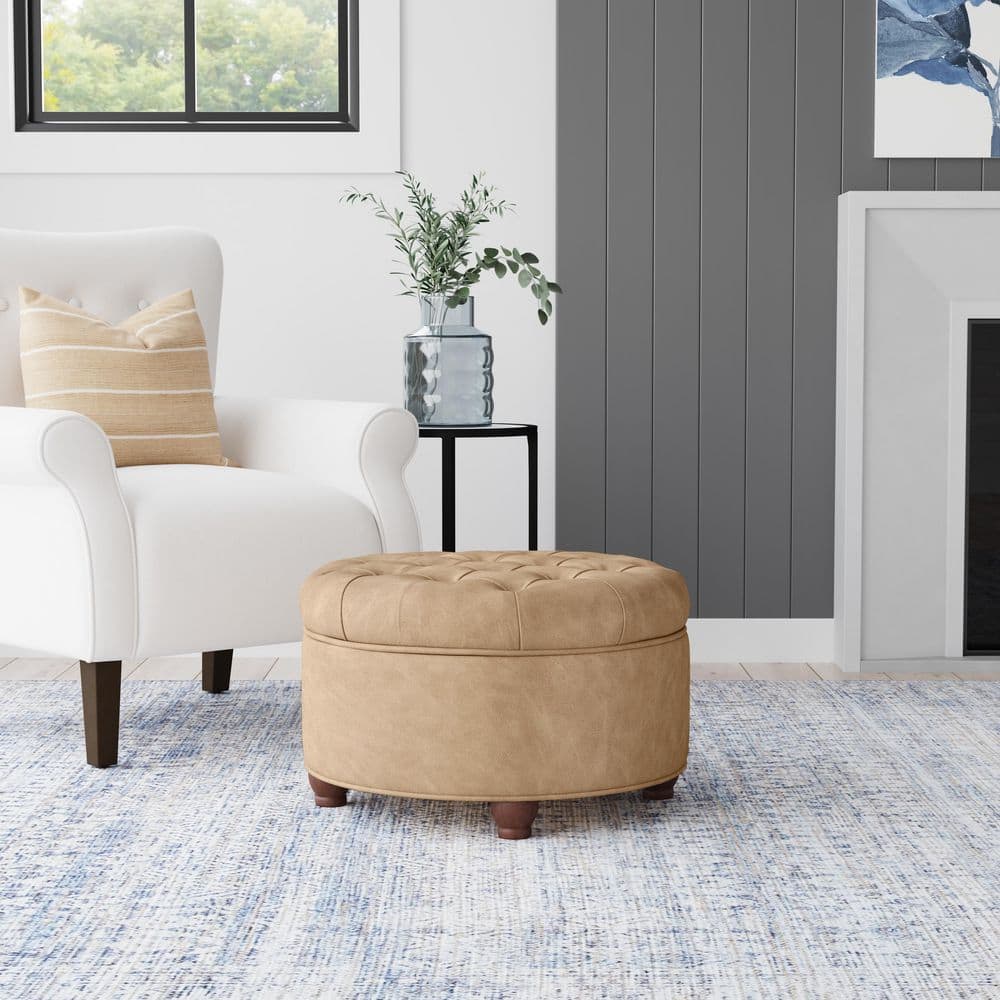 Sand Faux Leather Button Tufted Round Storage Ottoman