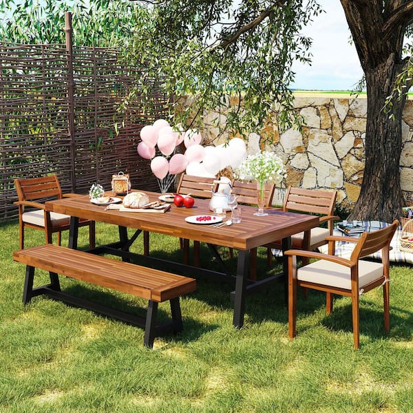 wayofatry 7-Piece Wood Outdoor Dining Set with Bench, Thicker Table and Chairs with Removable Cushions in Beige and Nature