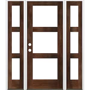 60 in. x 80 in. Modern Hemlock Right-Hand/Inswing 3-Lite Clear Glass Red Mahogany Stain Wood Prehung Front Door with DSL