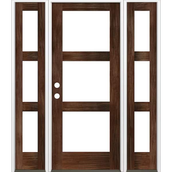 Krosswood Doors 60 in. x 80 in. Modern Hemlock Right-Hand/Inswing 3-Lite Clear Glass Red Mahogany Stain Wood Prehung Front Door with DSL
