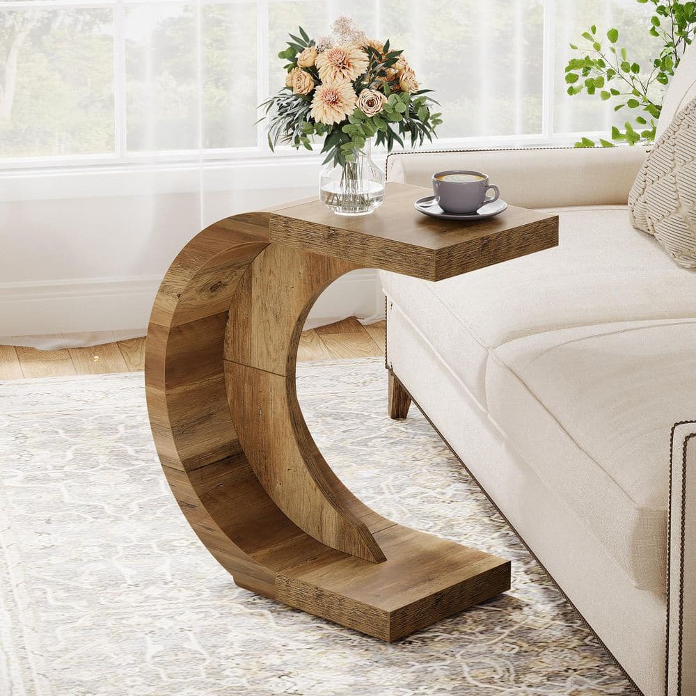 BYBLIGHT 25.59 in. Rustic Brown C-Shaped Engineered Wood End Table ...