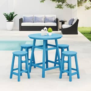 Laguna 5-Piece Counter Height HDPE Plastic Outdoor Patio Round High Top Bistro Dining Set in Pacific Blue