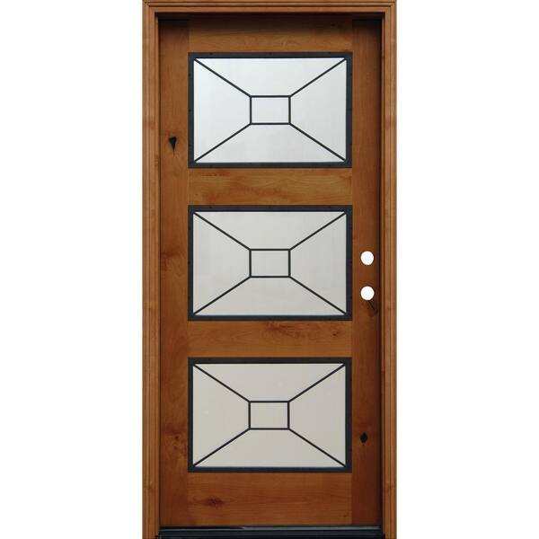 Pacific Entries 36 in. x 80 in. Contemporary 3 Lite Mistlite Stained Knotty Alder Wood Prehung Front Door with Grille and 6 in. Wall