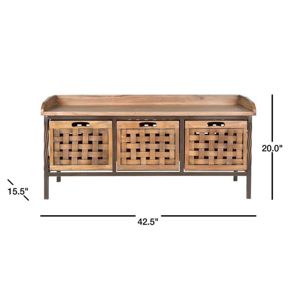 Transitional Antique Pewter Oak Storage Bench with 3 Drawers