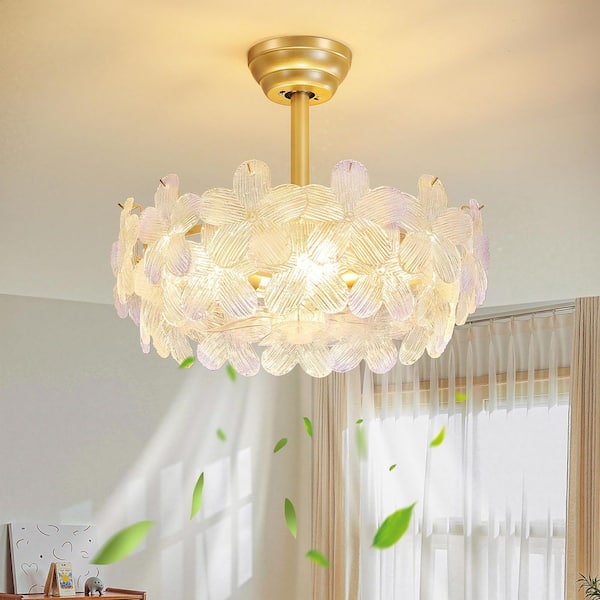 KAISITE 19 in. Indoor Modern Gradient Purple Crystal Flower Ceiling Fan With Light and Remote Control 6-Speed Reversible Motor