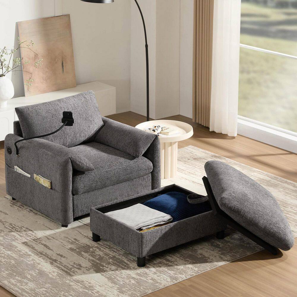 Luxury Collection Gray Chenille Accent Arm Chair and Storage Ottoman w/Adjustable Phone Holder and USB Charger, Set of 1 price history on PriceWatchPro