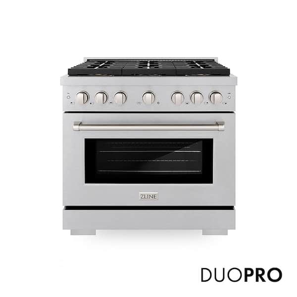 36 in. 5.2 cu. ft. Paramount Dual Fuel Range with 6 Burner DuoPro Cooktop and Electric Oven in Satin Stainless Steel