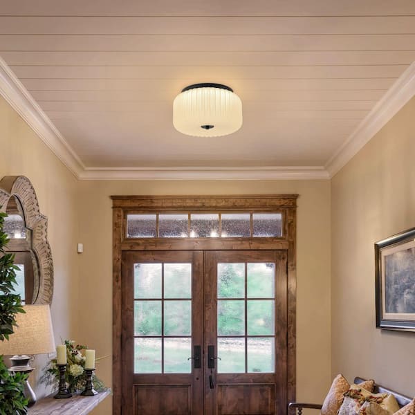 10.75 in. 20-Watt Modern Black Aluminum Integrated LED Flush Mount Ceiling Light with White Ribbed Glass Shade