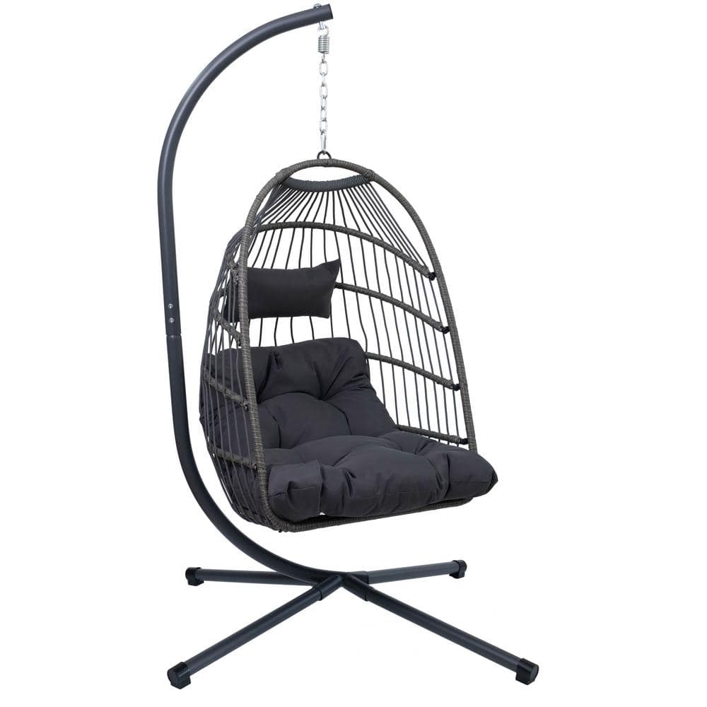 1-Person Gray Outdoor Metal Egg Chair Patio Swing with Cushions and Stand