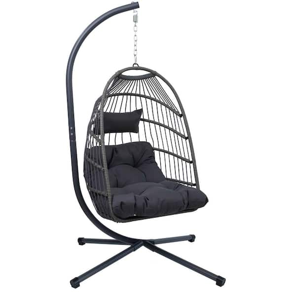 Unbranded 1-Person Gray Outdoor Metal Egg Chair Patio Swing with Cushions and Stand