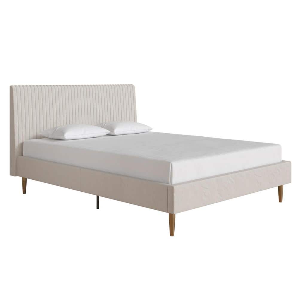 Ivory Velvet Full Upholstered Bed with Tufted Headboard and Slats