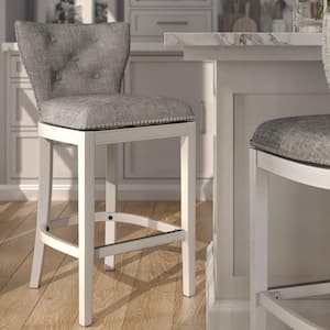 Stella 31 in. Wood Bar-Height Swivel Bar Stool with Back, White with Gray Upholstery