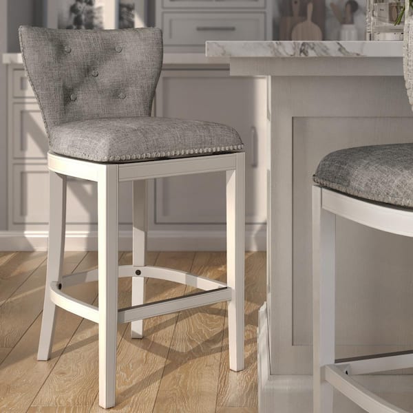 Stella 31 in. Wood Bar-Height Swivel Bar Stool with Back, White with Gray Upholstery