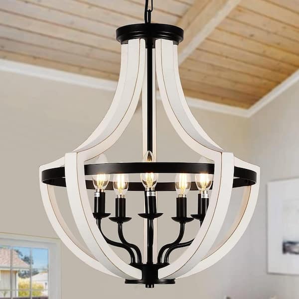 Farmhouse Series 5-Light White Wood and Black Iron Convertible Rustic Globe Chandelier for Dining Room(No Bulbs)