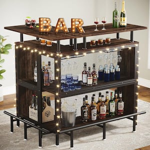 Kearsten Brown L-Shaped Home Bar Unit, Liquor Bar Table with Stemware Racks and 2-Tier Shelves