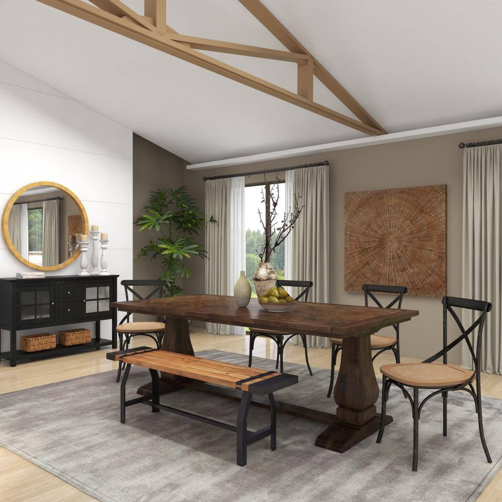 Parquet Inlay Reclaimed Pine Wood 84" Dining Table with Marble Accents