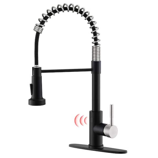 Commercial Touchless Single Handle Spring Pull Down Sprayer Kitchen Faucet with Deck Plate in Matte Black&Brushed Nickel
