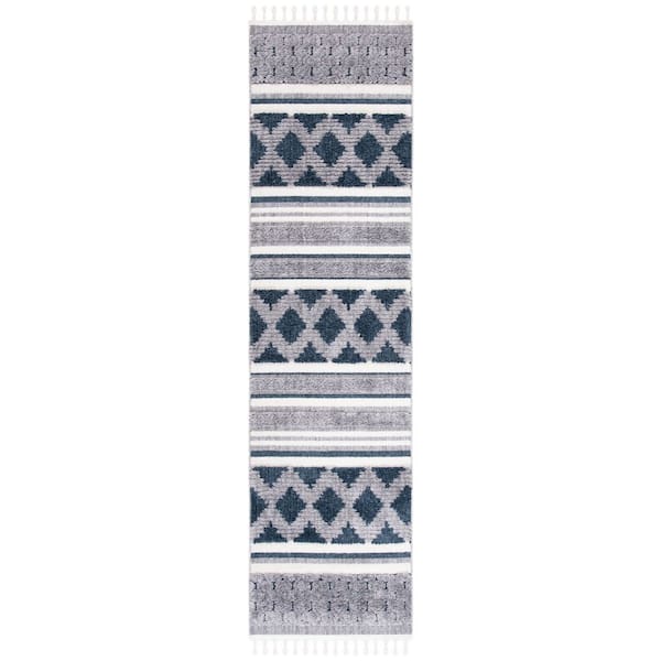 Marrakesh 2 ft. x 10 ft. Ivory/Blue Striped Chevron Runner Rug