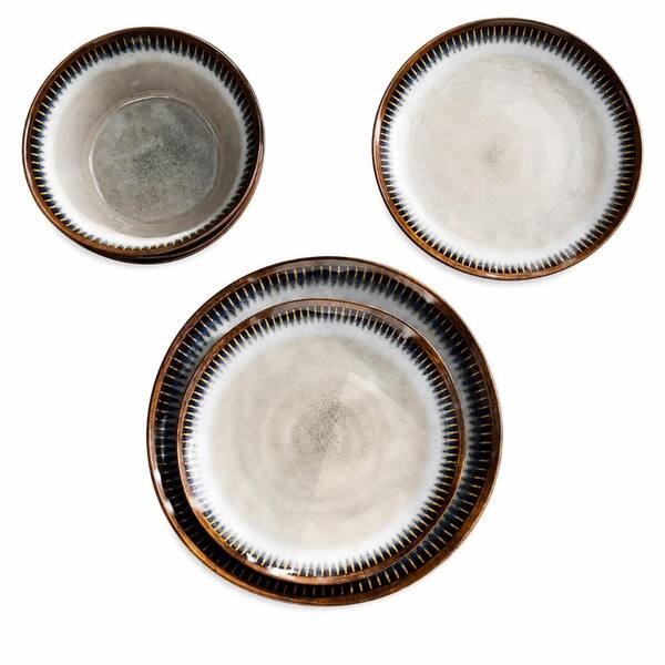 12-Piece Sahara Beige and Blue Melamine Dinnerware Set Service for 4 with Plates and Bowls