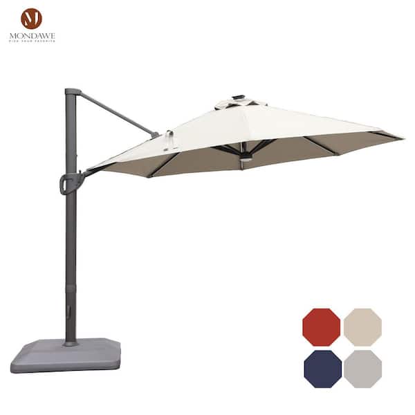 Mondawe 11 ft. Aluminum Solar LED Patio Cantilever Umbrella Outdoor Market Hanging Umbrella with Crank and Base in Gray
