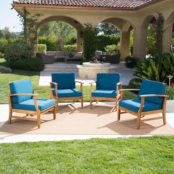 Giancarlo Stationary Wood Outdoor Lounge Chair with Blue Cushions (4-Pack)