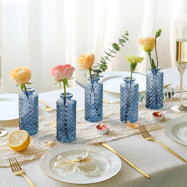 5.2 in. Set of 12 Blue Glass Diamond Bud Vases, Mini Vintage Vases