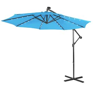 10 ft. Metal Cantilever Solar Powered 32 LED Lighted Patio Umbrella in Blue